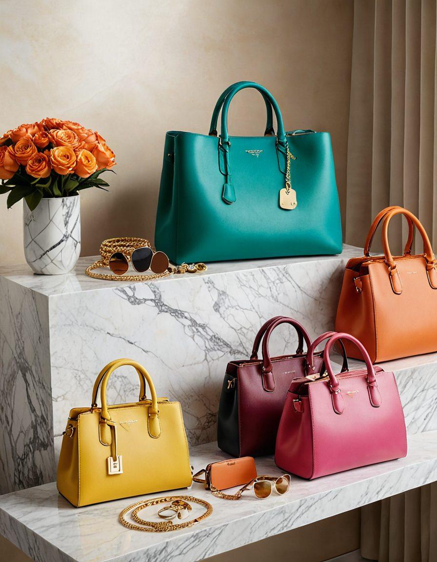 A chic, modern display of various stylish handbags and elegant jewelry pieces arranged artfully on a marble surface. Include a feminine silhouette in the background, gently holding a handbag, adorned with a sparkling necklace, showcasing sophistication. Use soft, natural lighting to create an inviting atmosphere, highlighting the textures and colors of the accessories. Inspired by fashion magazines. vibrant colors. high fashion editorial style.