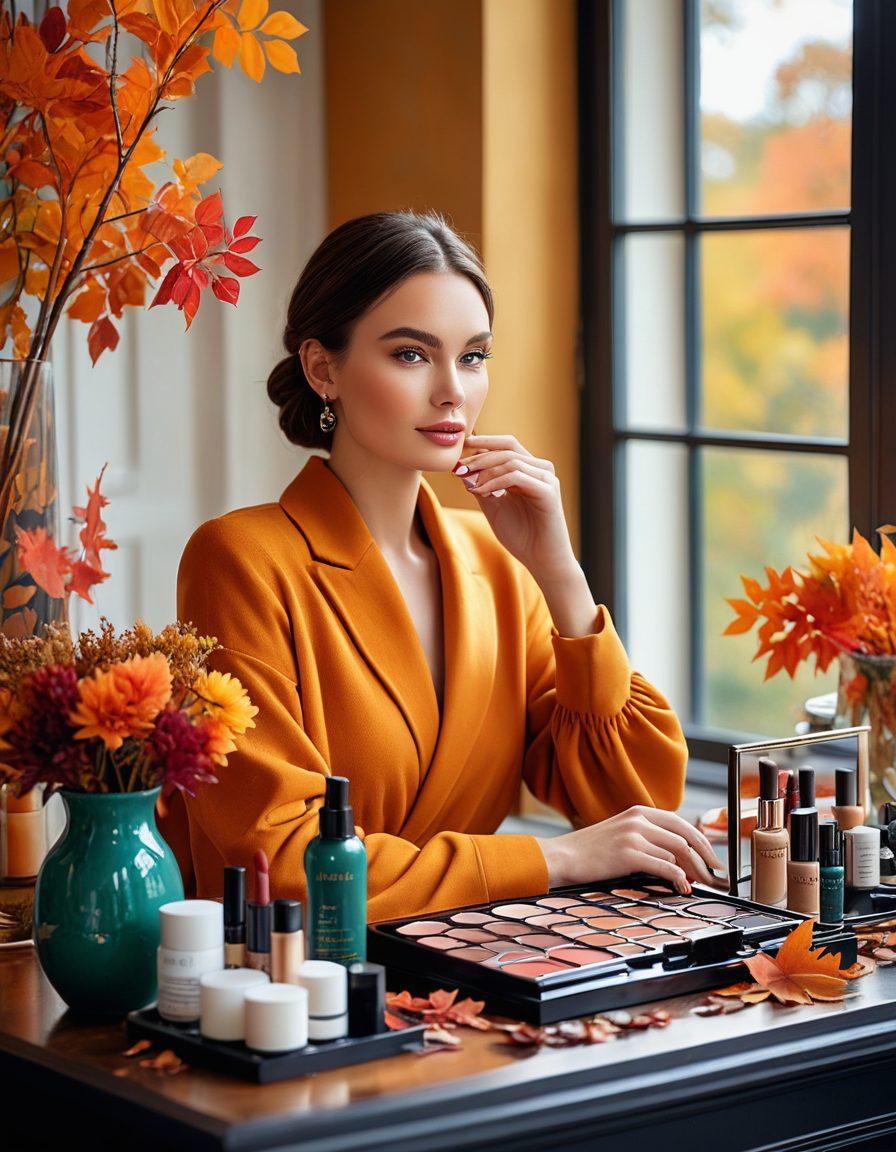 A stylish makeup table adorned with vibrant autumn leaves, showcasing elegant skincare products and a palette of trendy makeup colors. A model with flawless makeup, reflecting seasonal hues, poses playfully in the background, with a soft-focus on the changing foliage outside the window. The ambiance exudes a chic, luxurious vibe perfect for fashion-forward trendsetters. vibrant colors. super-realistic. soft-focus.